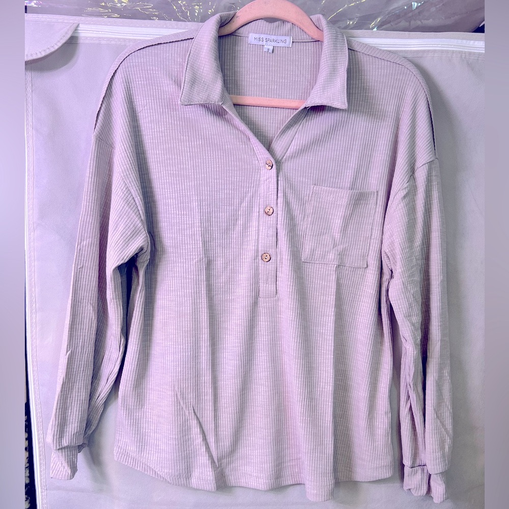 Grey Ribbed Collared Long Sleeve Top - Picture 2 of 2